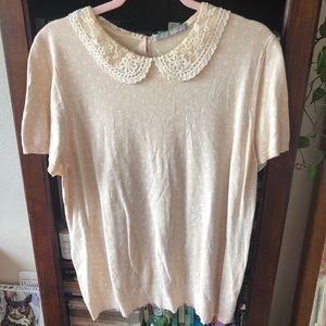 Short Sleeve Top with Lace Peter Pan Collar